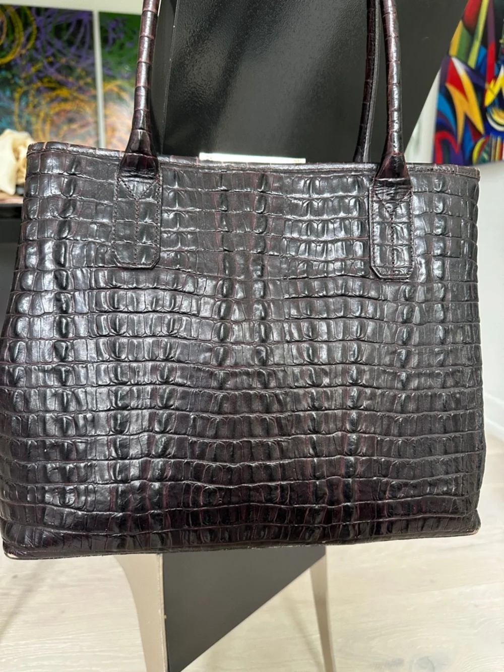 Brahmin Croc-Embossed Tote Bag in Dark Brown - Picture 5 of 6